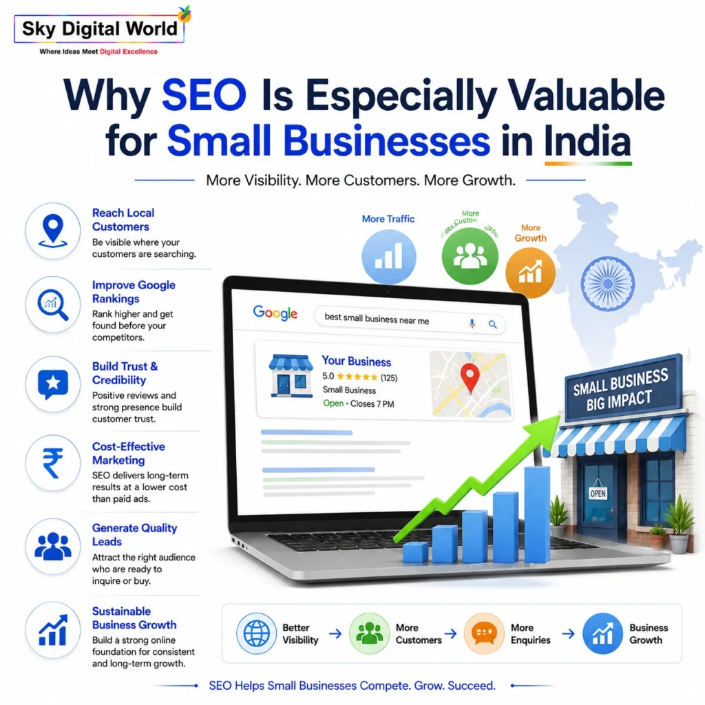 Why SEO is valuable for small businesses in India showing local search visibility, Google rankings, customer trust, organic traffic growth, quality leads, and business growth.