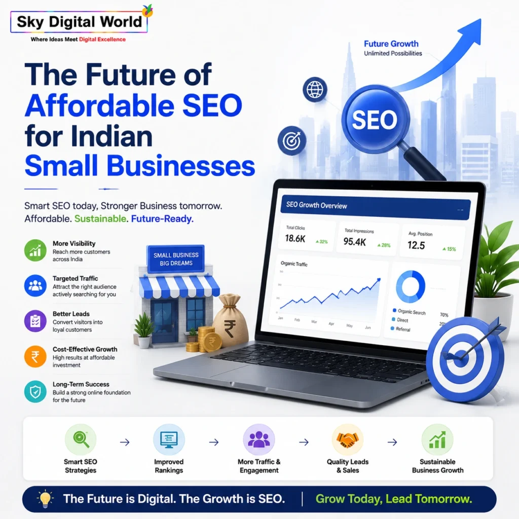 The future of affordable SEO for Indian small businesses showing organic traffic growth, improved search rankings, targeted customers, quality leads, and sustainable business growth.