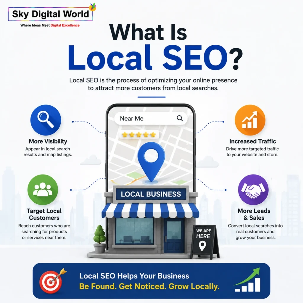 What is Local SEO infographic showing local search visibility, nearby customer targeting, increased website traffic, leads, sales, and business growth.
