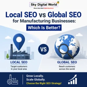 Local SEO vs Global SEO comparison for manufacturing businesses showing regional targeting, global reach, search visibility, and SEO growth strategies.