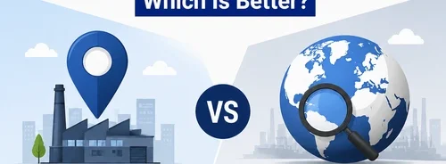 Local SEO vs Global SEO comparison for manufacturing businesses showing regional targeting, global reach, search visibility, and SEO growth strategies.