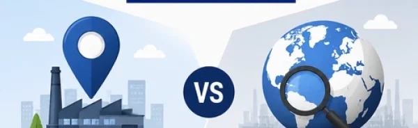 Local SEO vs Global SEO comparison for manufacturing businesses showing regional targeting, global reach, search visibility, and SEO growth strategies.