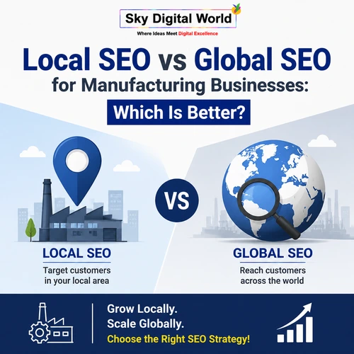Local SEO vs Global SEO comparison for manufacturing businesses showing regional targeting, global reach, search visibility, and SEO growth strategies.