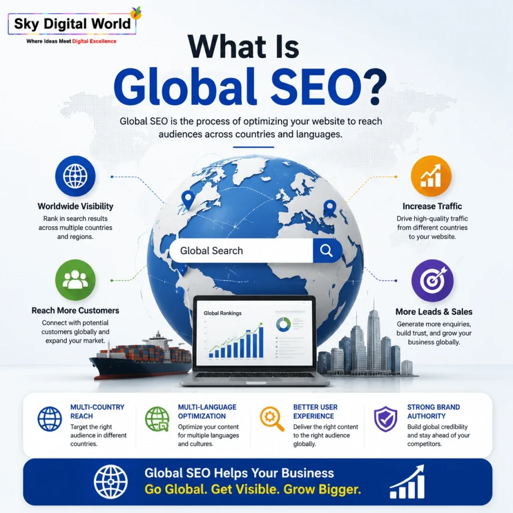 What is Global SEO infographic showing worldwide search visibility, international customers, global website traffic, leads, sales, and brand growth.