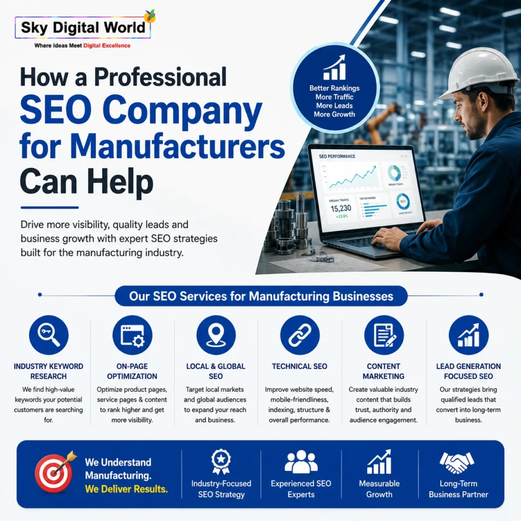 How a professional SEO company for manufacturers helps industrial businesses improve rankings, increase website traffic, generate qualified leads, and achieve digital growth.