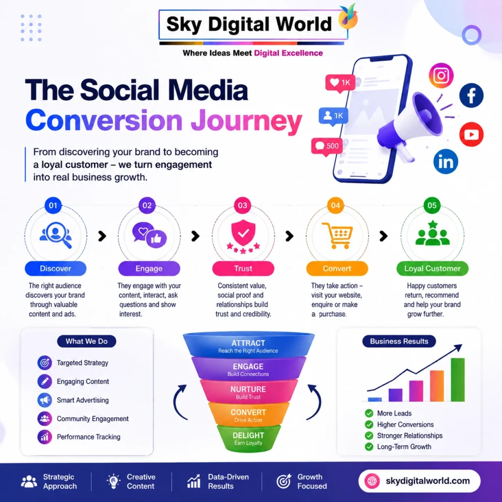 The Social Media Conversion Journey showing how businesses turn social media audiences into loyal customers through discovery, engagement, trust and conversion.