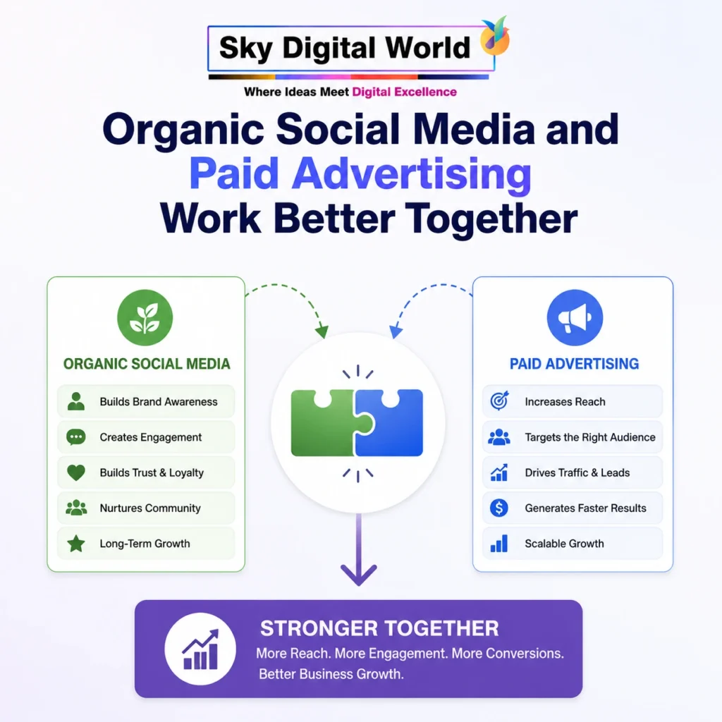 Organic social media and paid advertising working together to increase reach, engagement, conversions and business growth.