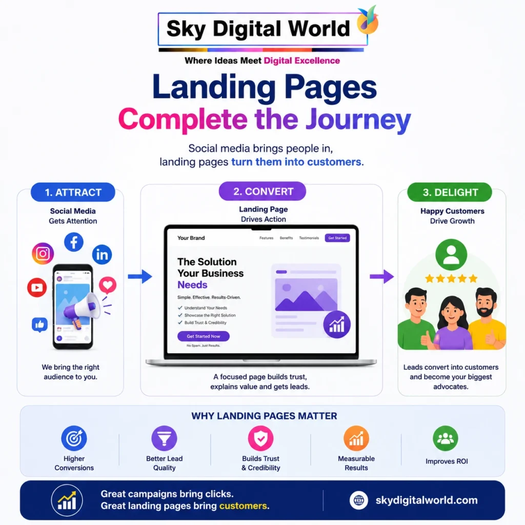 Landing pages complete the social media marketing journey by converting visitors into leads and customers.