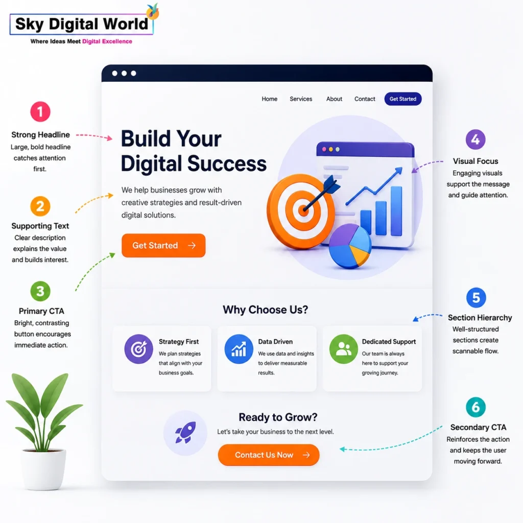 Visual hierarchy in landing page design showing how headlines, supporting text, CTAs, visuals, structured sections, and buttons guide user attention and improve conversions.