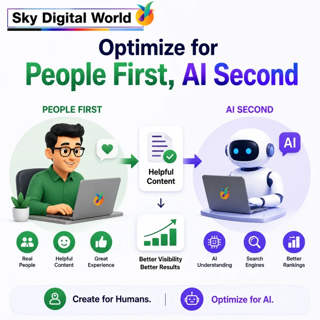 Optimize for People First, AI Second infographic showing helpful content, user experience and AI-powered SEO optimization.
