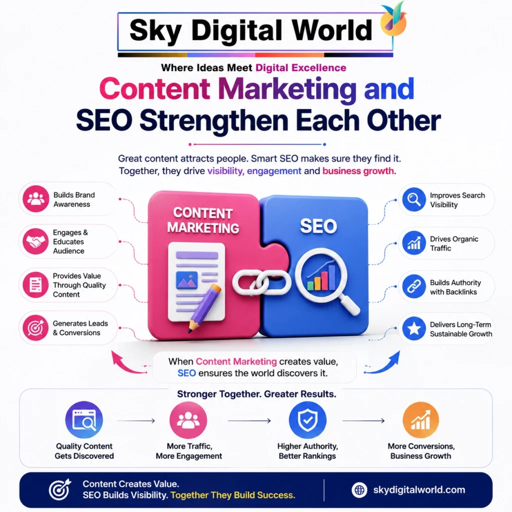 Content marketing and SEO work together to improve search visibility, organic traffic, online authority, engagement and business growth.