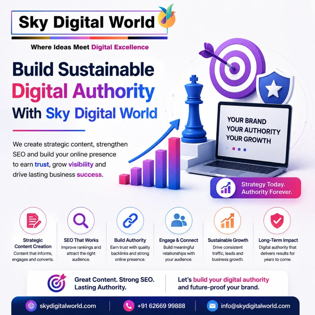 Build sustainable digital authority with Sky Digital World using strategic content marketing, SEO, audience engagement and long-term growth strategies.