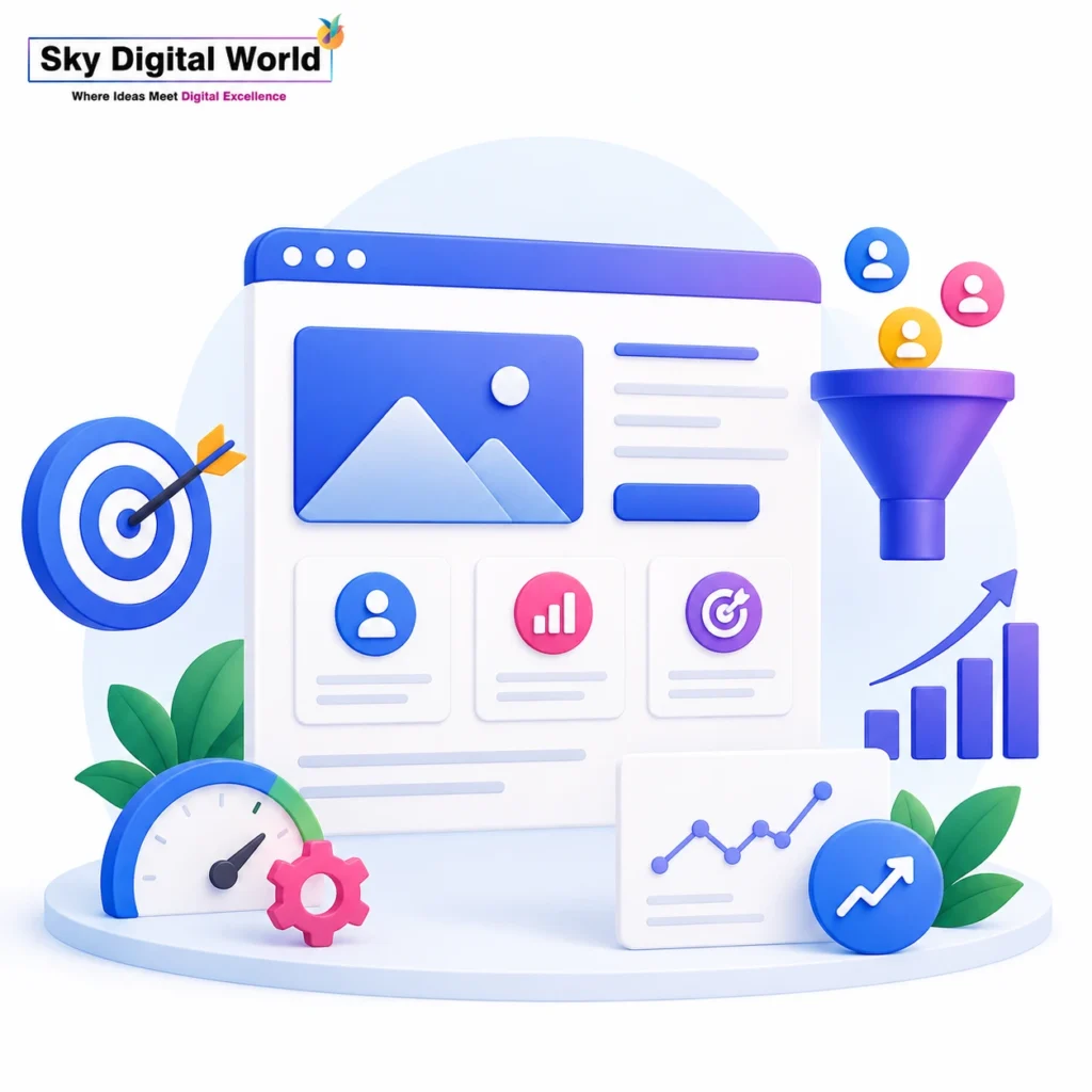 What is landing page optimization showing website improvement, conversion rate optimization, user experience, lead generation, and sales growth.