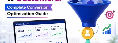 Conversion optimization guide showing how website visitors turn into customers through engagement, analytics and lead generation