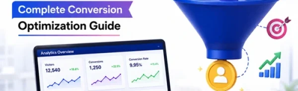 Conversion optimization guide showing how website visitors turn into customers through engagement, analytics and lead generation