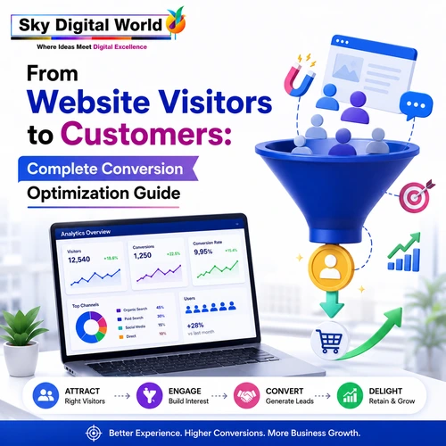 From Website Visitors to Customers – Complete Conversion Optimization Guide Conversion optimization guide showing how website visitors turn into customers through engagement, analytics and lead generation