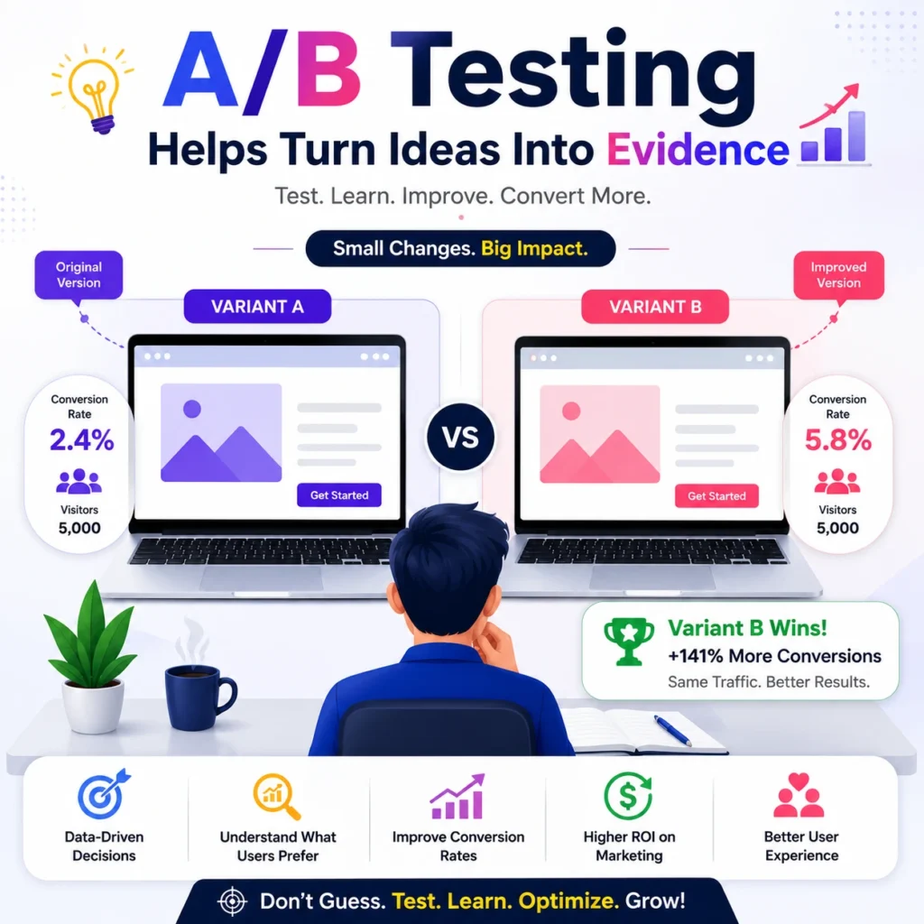 A/B testing helps turn marketing ideas into evidence and improve website conversion rates