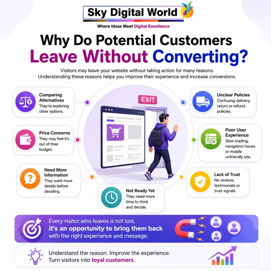 Reasons potential customers leave a website without converting, including price concerns, poor user experience, lack of trust and insufficient information