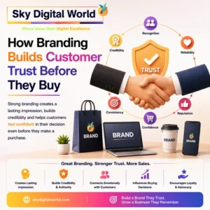 How branding builds customer trust before purchase through professional identity, credibility, consistency and strong brand communication.