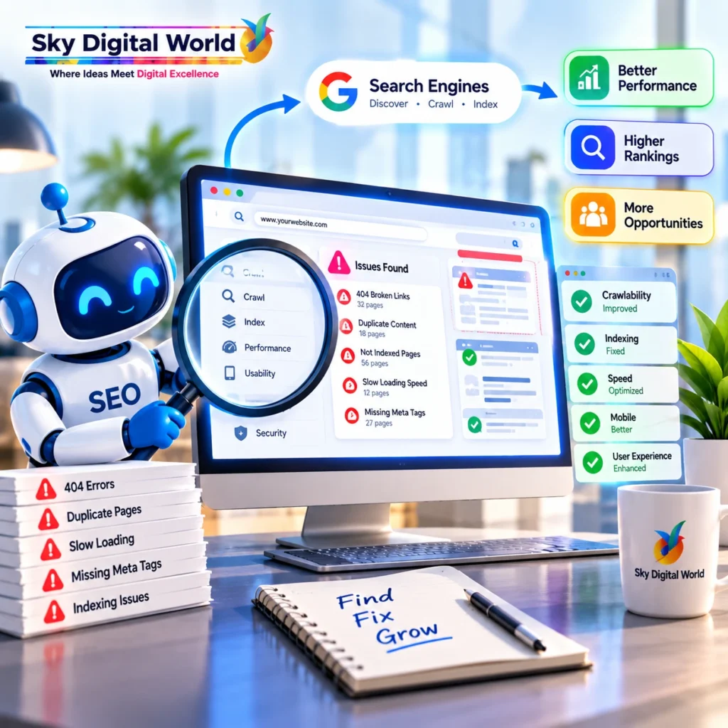 Technical SEO Company India identifying broken links, slow pages, duplicate content, mobile usability and crawling issues before they affect website performance