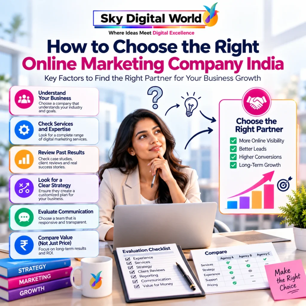 Online Marketing Company India selection guide showing business expertise, services, past results, strategy, communication and value comparison
