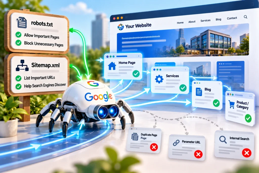 Technical SEO Company India helping search engines crawl important website pages using robots.txt, XML sitemap and optimized site structure