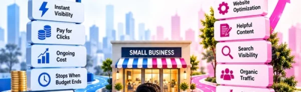 Best SEO Agency for Small Business India showing SEO vs paid ads for organic traffic, qualified leads and long-term business growth