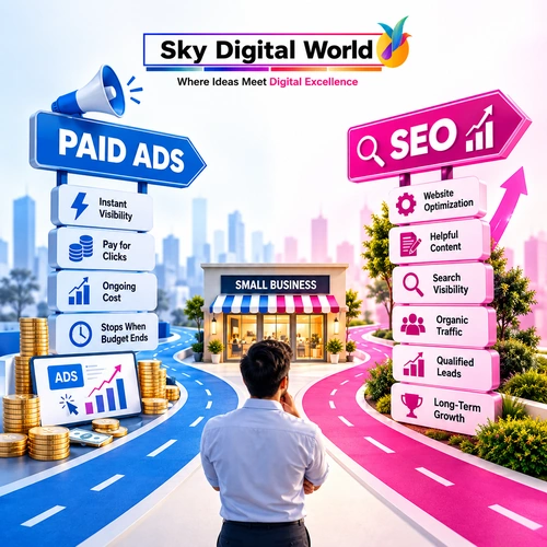 Best SEO Agency for Small Business India showing SEO vs paid ads for organic traffic, qualified leads and long-term business growth