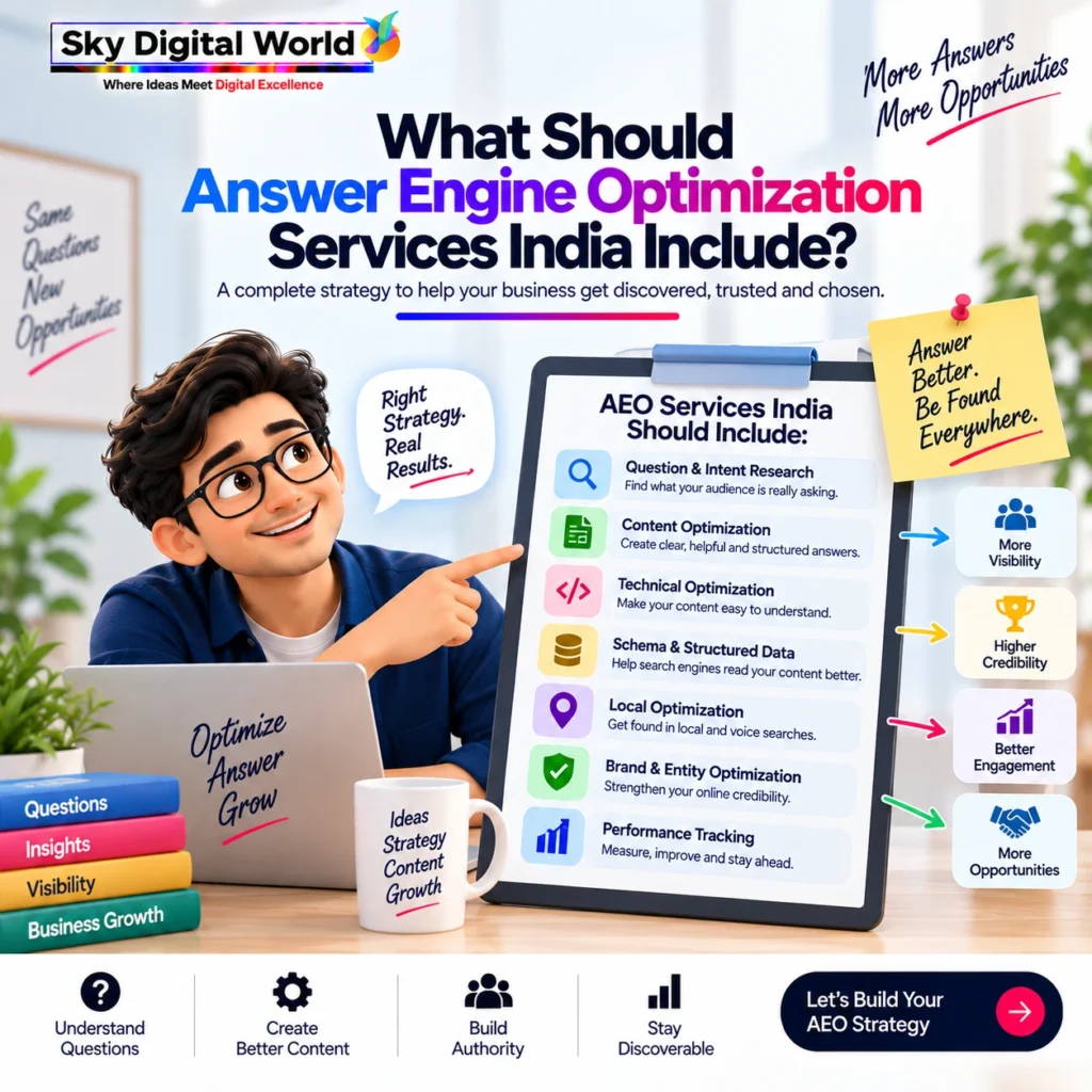 Answer Engine Optimization Services India including intent research, content optimization, technical SEO, structured data and brand optimization