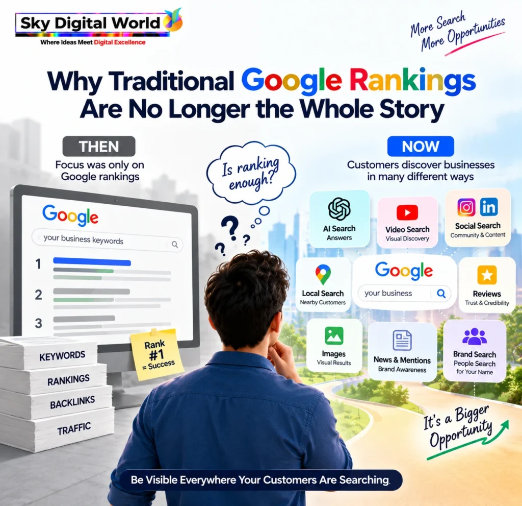 Search Visibility Services India showing how business discovery extends beyond traditional Google rankings to AI, local, video, social and brand search