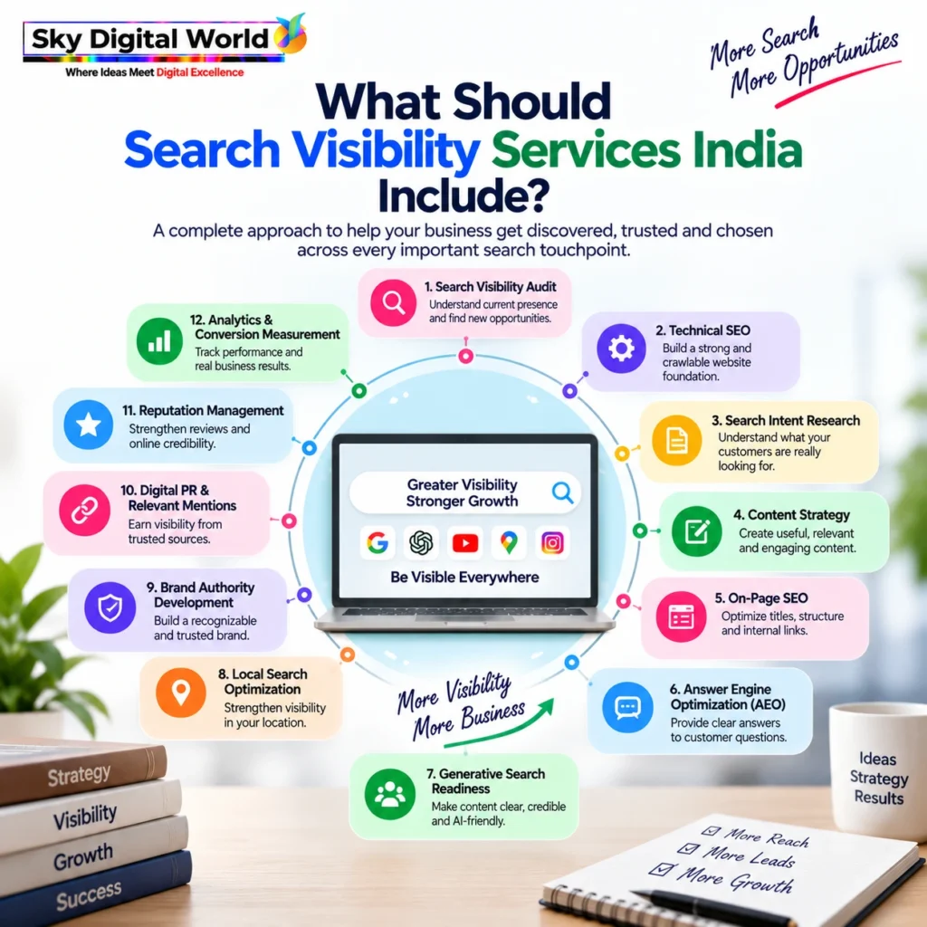 Search Visibility Services India including technical SEO, content strategy, AEO, local search, brand authority and performance measurement
