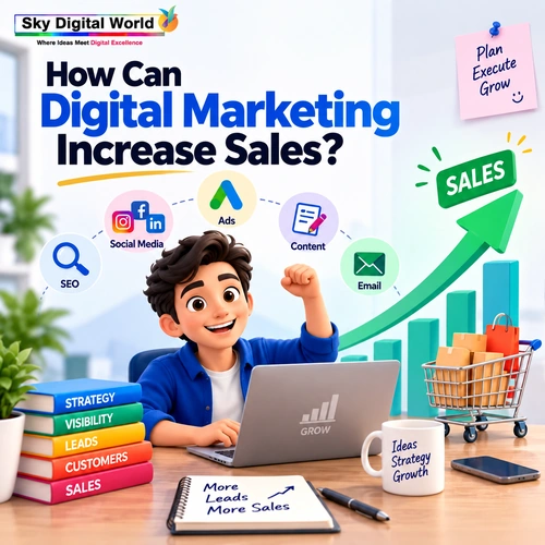 Digital marketing strategy using SEO, social media, ads, content and email marketing to generate leads and increase sales