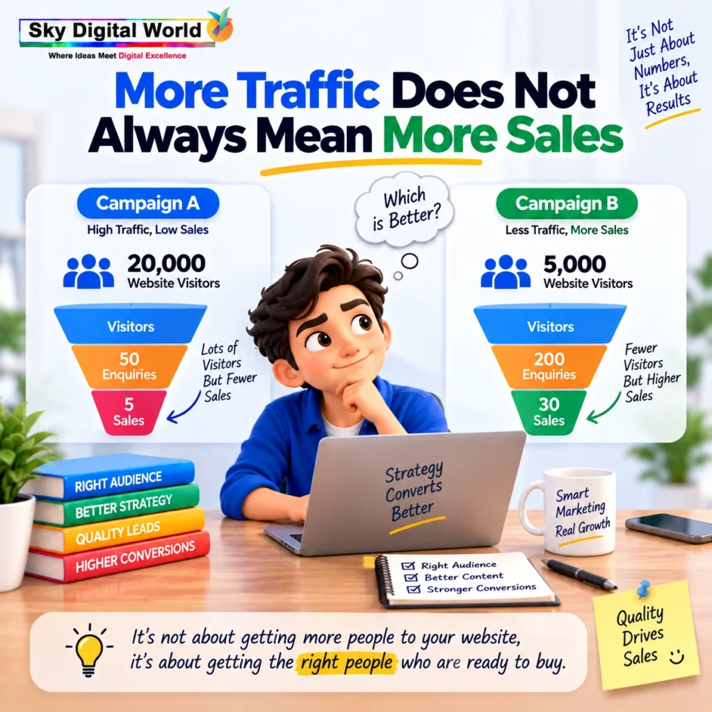 Digital marketing comparison showing why more website traffic does not always generate more sales and why quality leads improve conversions
