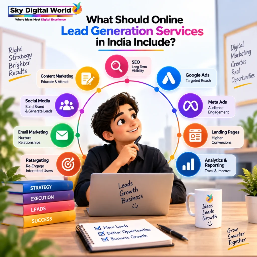 Online Lead Generation Services in India including SEO, Google Ads, Meta Ads, content marketing, landing pages, retargeting and analytics