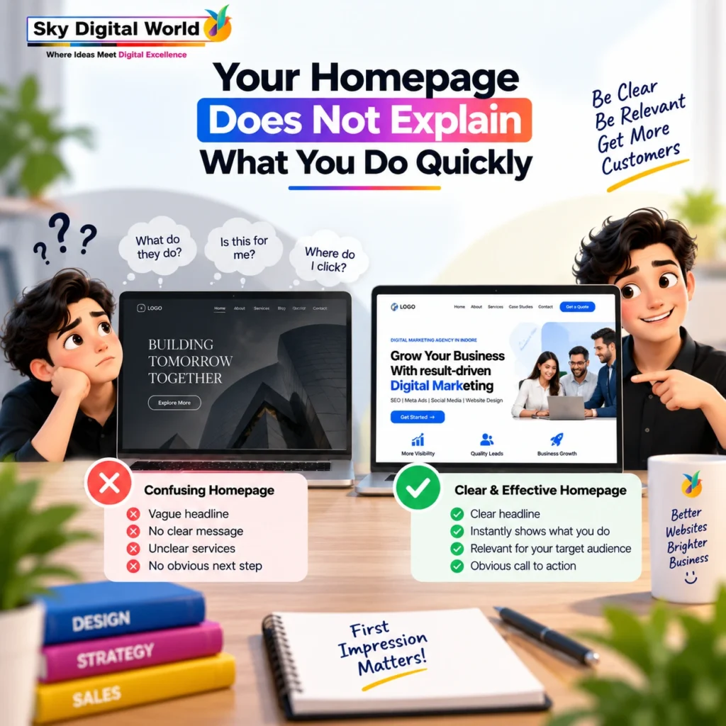 Clear homepage design compared with a confusing homepage to improve user experience and business conversions