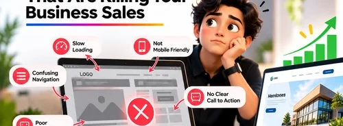 Website design mistakes affecting business sales including slow loading, poor mobile experience, confusing navigation and unclear calls to action
