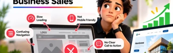 Website design mistakes affecting business sales including slow loading, poor mobile experience, confusing navigation and unclear calls to action