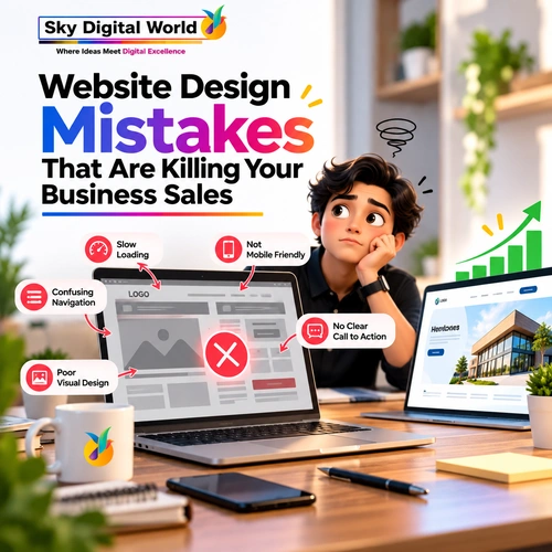 Website design mistakes affecting business sales including slow loading, poor mobile experience, confusing navigation and unclear calls to action