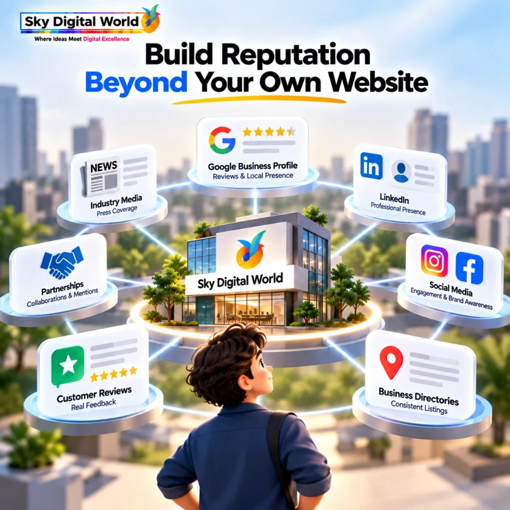 AI Search Optimization India strategy showing how businesses build online reputation through reviews, media mentions, social platforms, directories and partnerships