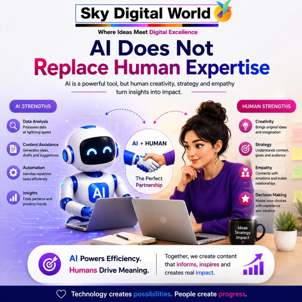 AI does not replace human expertise – AI supports data analysis, automation and content creation while humans provide creativity, strategy, empathy and decision-making.
