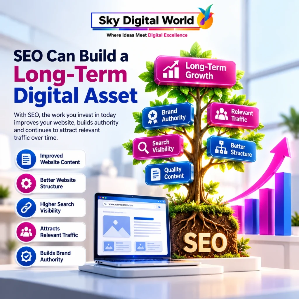 Best SEO Agency for Small Business India showing how SEO builds a long-term digital asset through content, search visibility, relevant traffic and brand authority