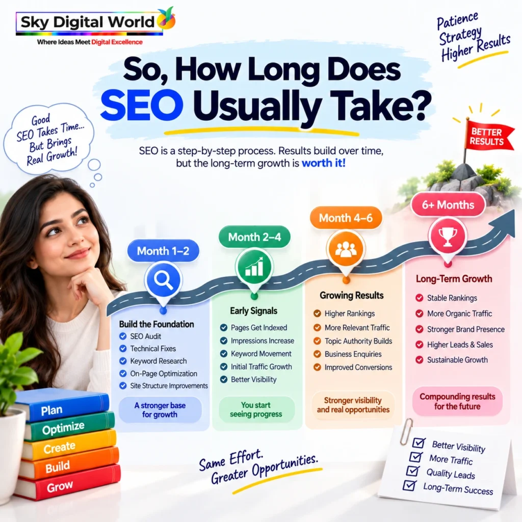 SEO timeline showing how long SEO usually takes from foundation and early progress to stronger rankings, organic traffic and long-term growth