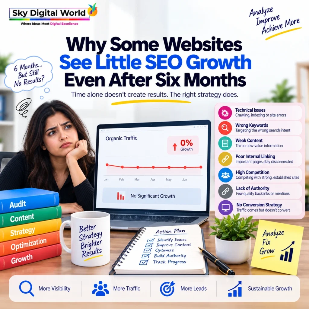 Website showing little SEO growth after six months due to technical issues, wrong keywords, weak content, poor internal linking and low authority