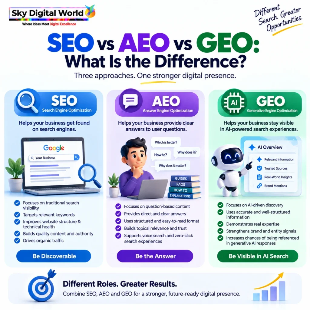 SEO GEO AEO Services India comparison explaining the difference between SEO, Answer Engine Optimization and Generative Engine Optimization