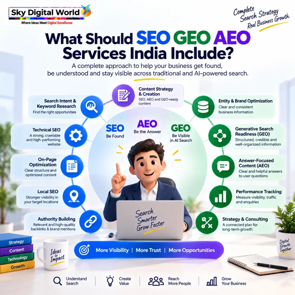 SEO GEO AEO Services India including technical SEO, content strategy, AEO, GEO, local SEO, brand optimization and performance tracking