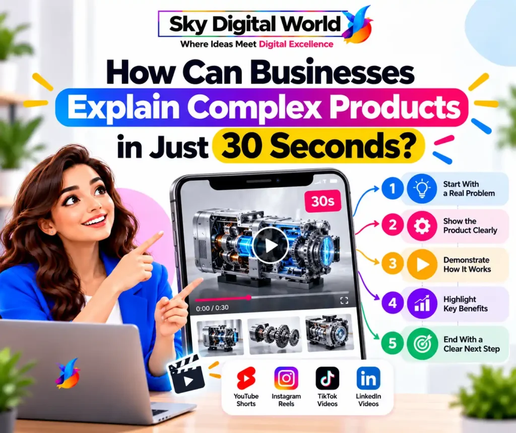 Short-Form Video Marketing infographic showing five steps businesses can follow to explain complex products in 30 seconds using clear product demonstrations and visual storytelling.