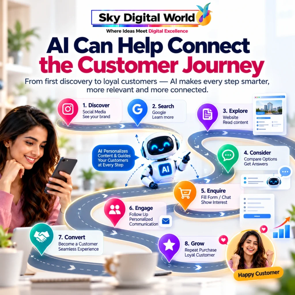 AI Marketing Services connecting the customer journey from social media discovery and Google search to enquiry, conversion and customer loyalty