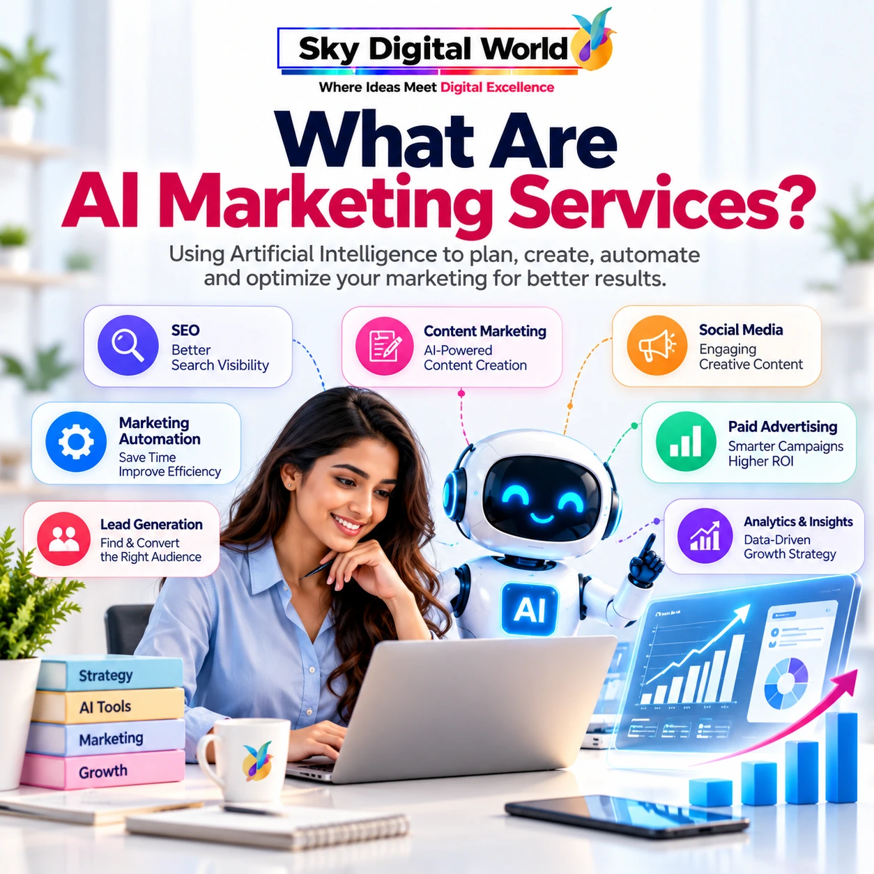AI Marketing Services India helping businesses with SEO, content marketing, social media, paid advertising, automation, lead generation and analytics
