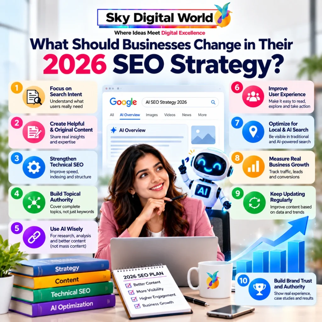 AI SEO Services India showing the key SEO strategy changes businesses need in 2026 including search intent, helpful content, technical SEO, topical authority and AI search optimization
