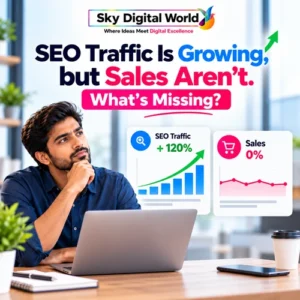 SEO Conversion Optimization infographic showing increasing organic search traffic but stagnant sales, highlighting the gap between website visitors and business conversions.